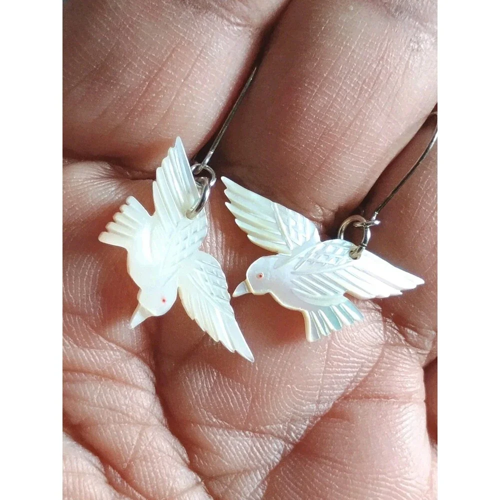 Mother Of Pearl Carved Dove Dangle Silver Tone Vintage Earrings